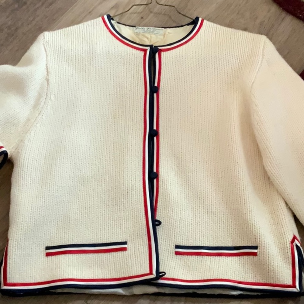 Fully Fashioned sweater/cardigan 6 blue button, navy,white, and red ribbon
